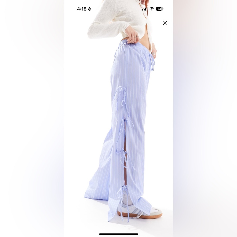 ASOS poplin Side-Tie wide leg Pants in blue stripe